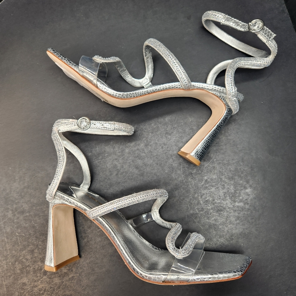 Antonio Melani Heeled Sandals 10 Silver Rhinestone Snake Ninna Wedding New $130